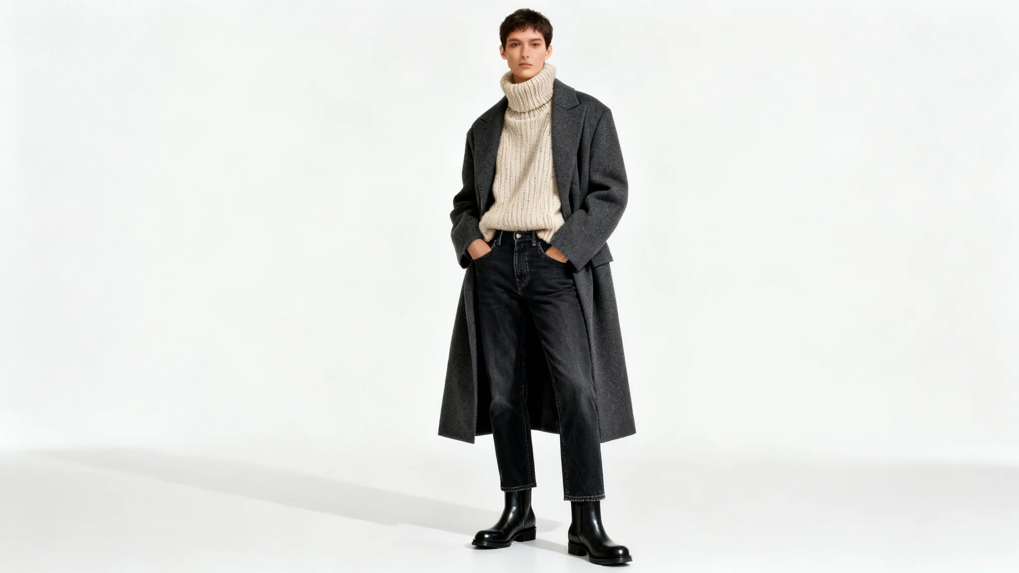 A full-body studio shot of a person modeling a winter outfit against a white background, featuring a charcoal wool coat, an oatmeal turtleneck sweater, dark jeans, and black boots.