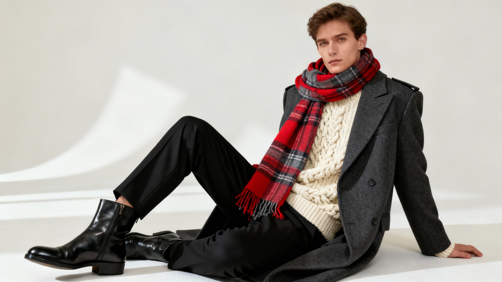 A full-body shot of a person modeling a chic winter outfit featuring a long grey coat, a cream sweater, black pants, and a plaid scarf, set against a plain off-white background.