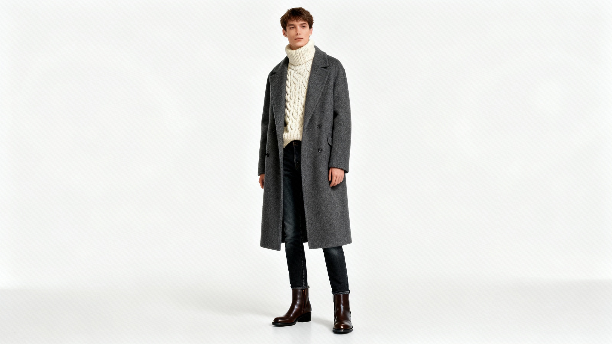 A full-body shot of a person modeling a stylish winter outfit, including a grey wool coat, cream knit sweater, and dark jeans, against a plain white background.