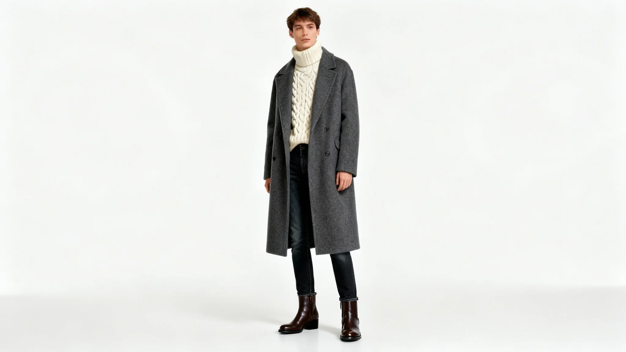 A full-body shot of a person modeling a stylish winter outfit, including a grey wool coat, cream knit sweater, and dark jeans, against a plain white background.
