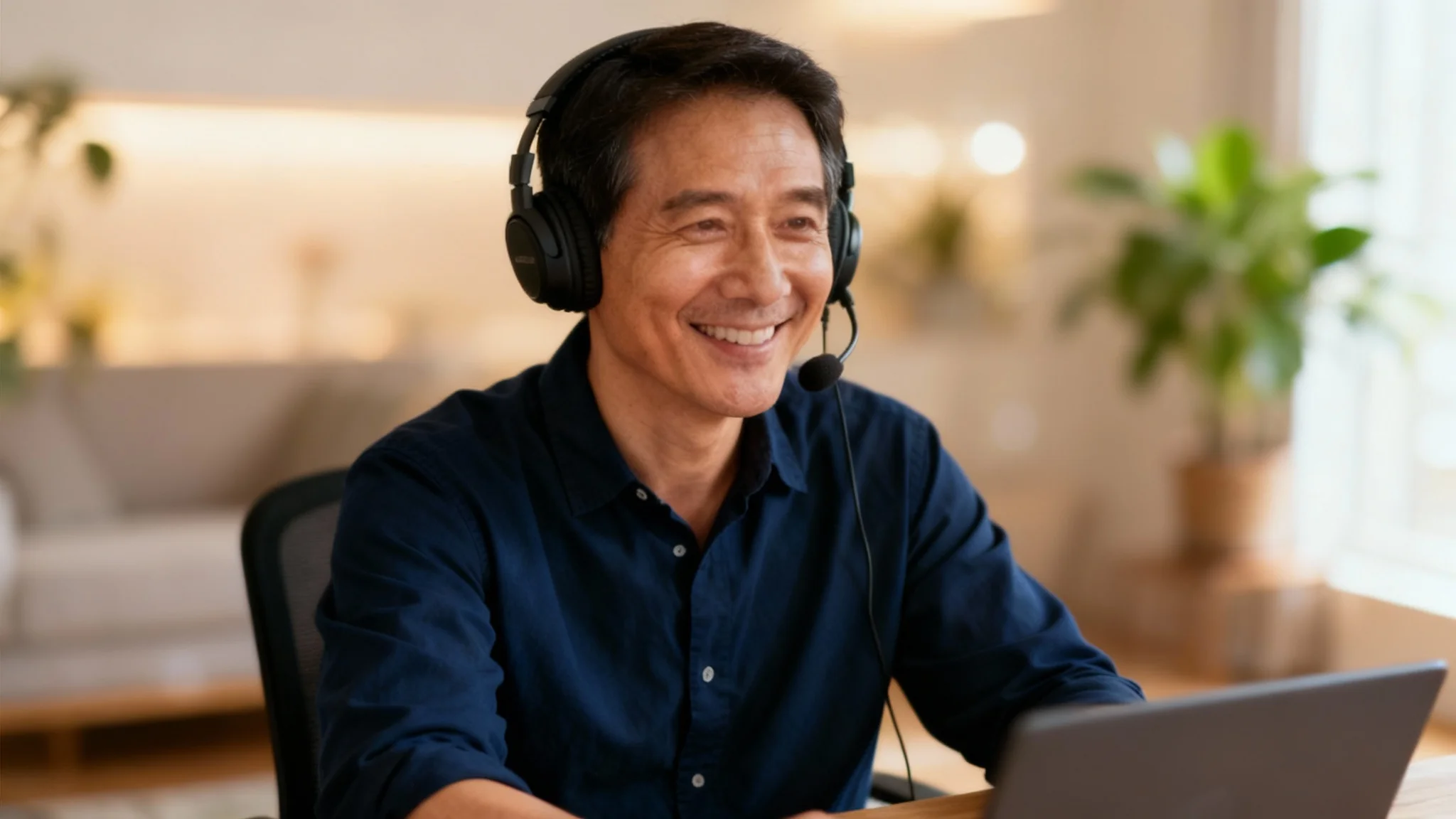 A professional man in a blue shirt is in sharp focus while on a video call, with the background of his living room artistically and heavily blurred to keep the attention on him.