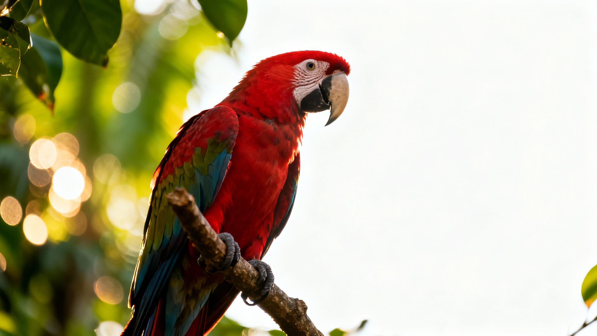 A photorealistic image of a sharp, detailed red parrot in focus, contrasted with a heavily blurred green jungle background, demonstrating the blur background effect.