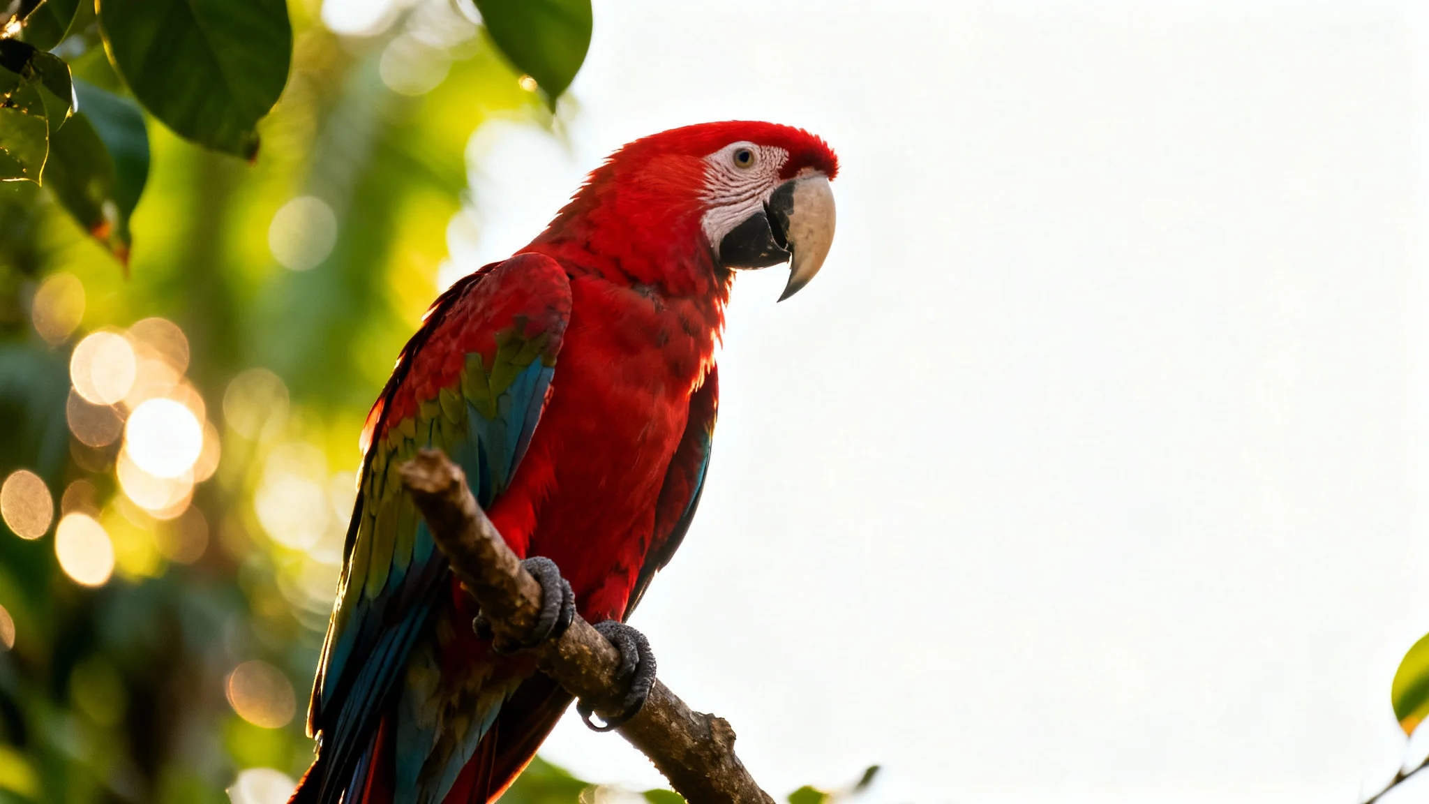 A photorealistic image of a sharp, detailed red parrot in focus, contrasted with a heavily blurred green jungle background, demonstrating the blur background effect.