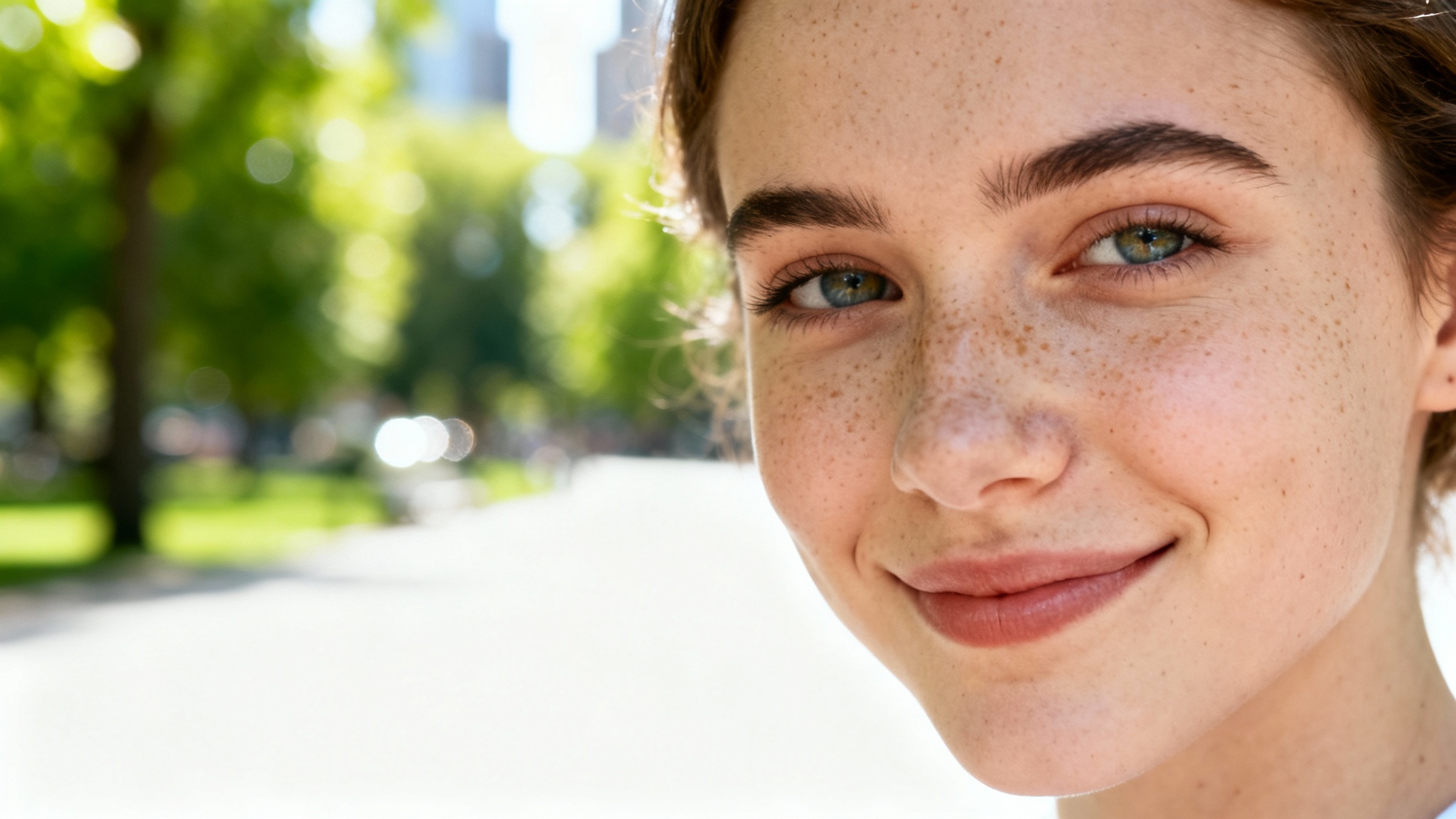 A photorealistic image of a woman's face in sharp focus, set against a heavily blurred background of a park, demonstrating the background blur effect.
