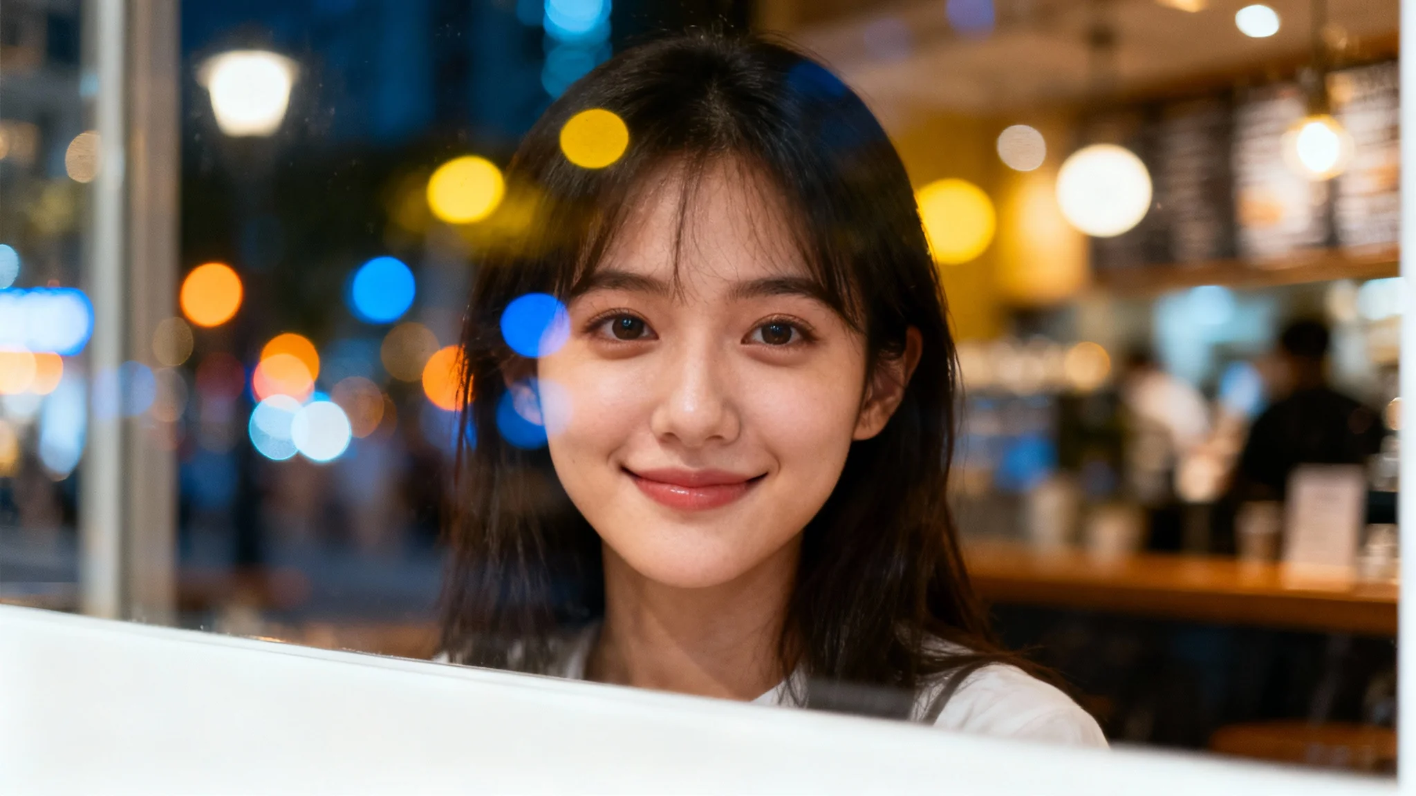 A striking portrait of a woman in sharp focus, with the background of a city at night blurred into beautiful, colorful circles of light, demonstrating the blur background effect.