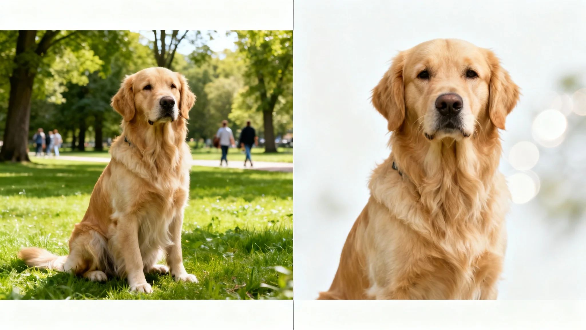 A before-and-after image comparison showing a photo of a dog in a park. The 'before' image is fully in focus, and the 'after' image has the background artistically blurred, making the dog stand out.