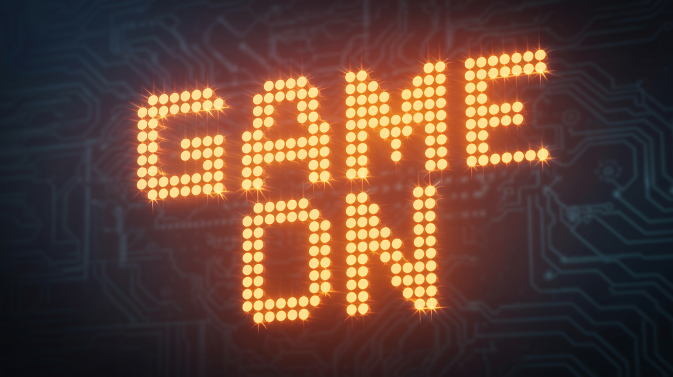 A graphic design showcasing the words 'GAME ON' written in a glowing orange digital scoreboard font against a dark background, mimicking an LED sports display.