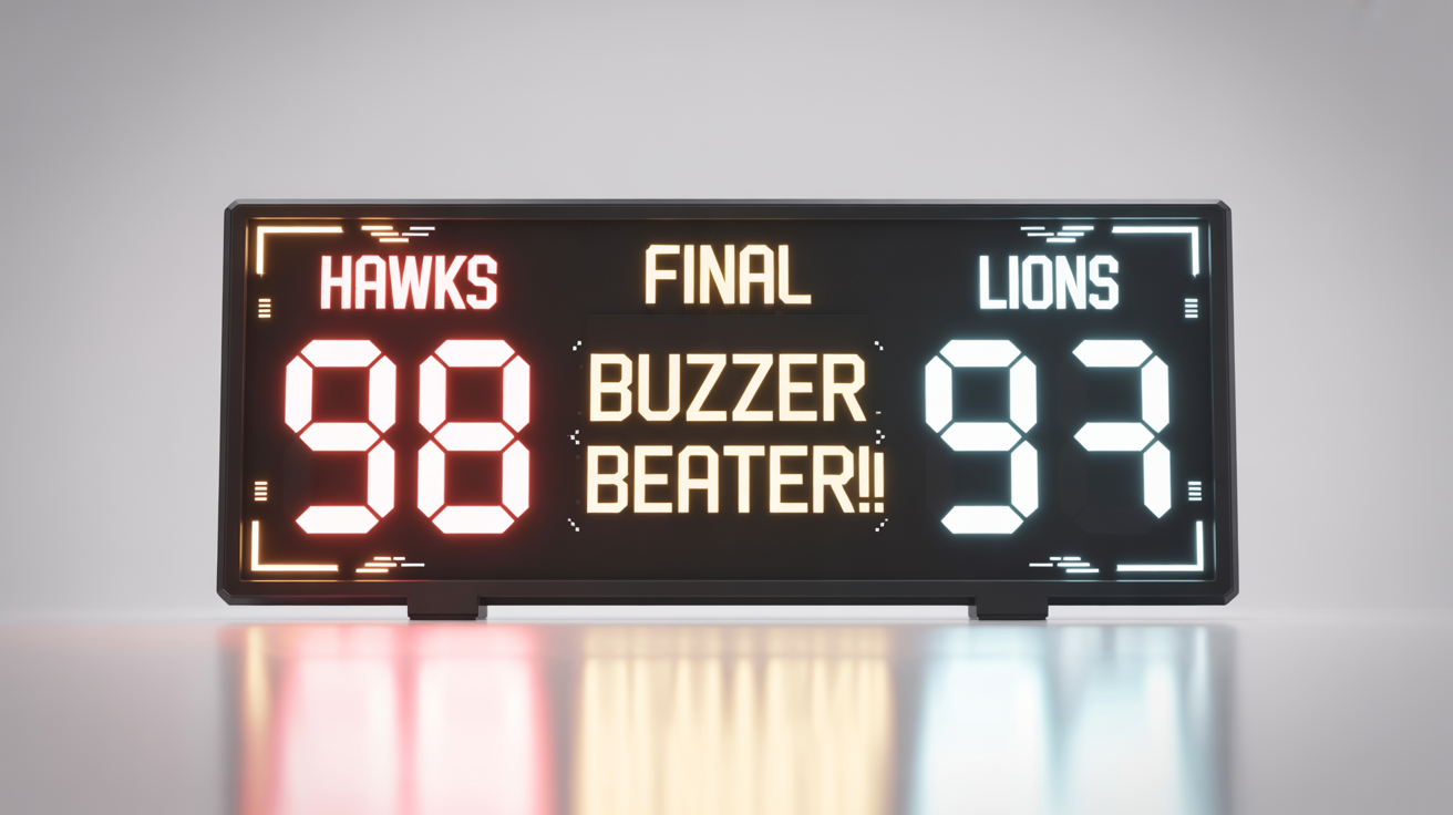 A digital scoreboard showing the final score of a basketball game with the text 'BUZZER BEATER!!' and the home team 'HAWKS' winning 98 to 97 against the 'LIONS'.