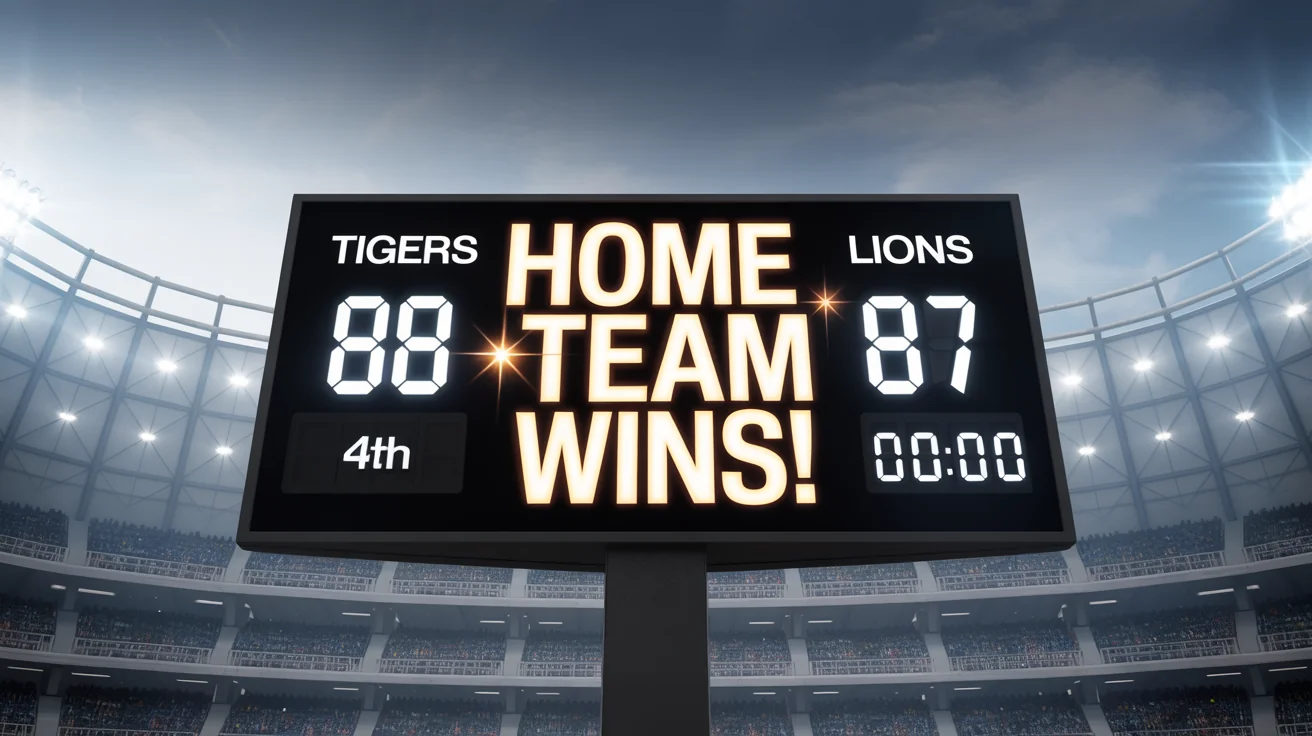 A modern digital stadium scoreboard displaying the final score of a basketball game, with the 'TIGERS' winning 88 to 87 against the 'LIONS' and a message that reads 'HOME TEAM WINS!'.