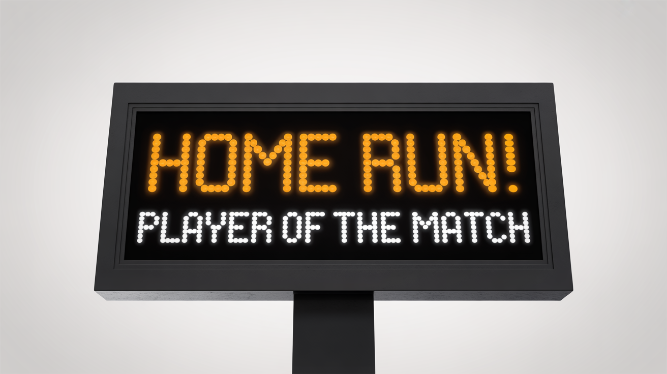 A modern digital scoreboard on a white background displaying the words 'HOME RUN!' in glowing orange text and 'PLAYER OF THE MATCH' in white text.