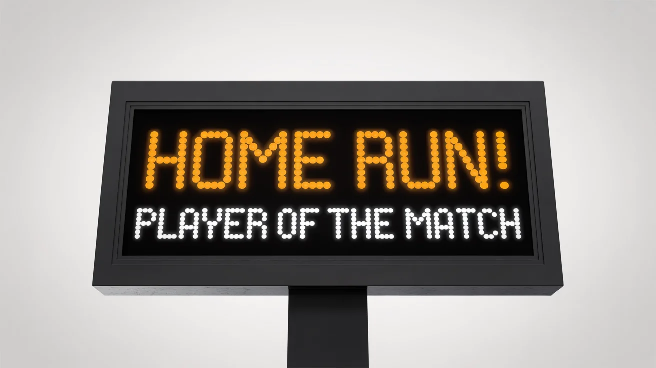 A modern digital scoreboard on a white background displaying the words 'HOME RUN!' in glowing orange text and 'PLAYER OF THE MATCH' in white text.