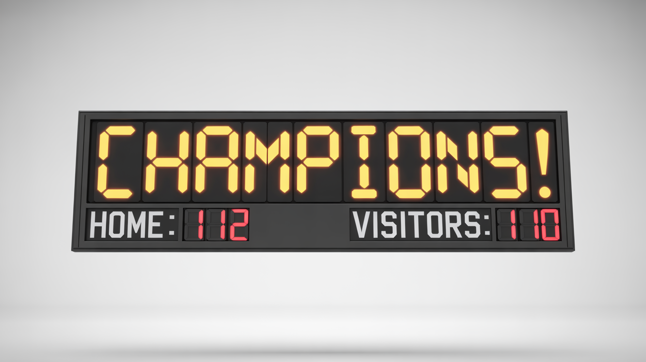 A modern electronic sports scoreboard against a white background, displaying the celebratory text 'CHAMPIONS!' and a final score of Home 112, Visitors 110.