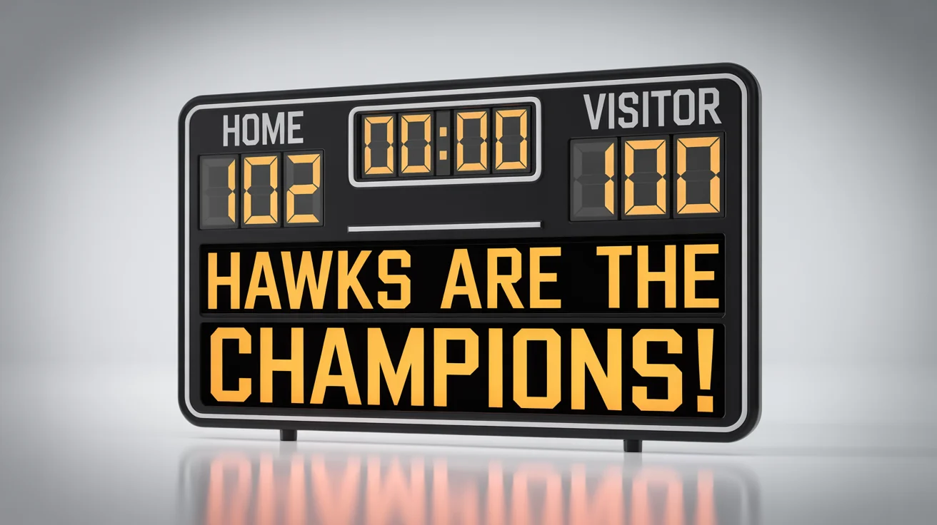 A modern electronic scoreboard mockup on a white background, displaying the final score of a championship game with the celebratory message 'HAWKS ARE THE CHAMPIONS!'.