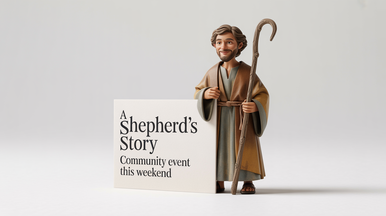 A professional graphic design showing a whimsical cutout of a shepherd with his staff, placed on a clean white flyer design with the text 'A Shepherd's Story'.
