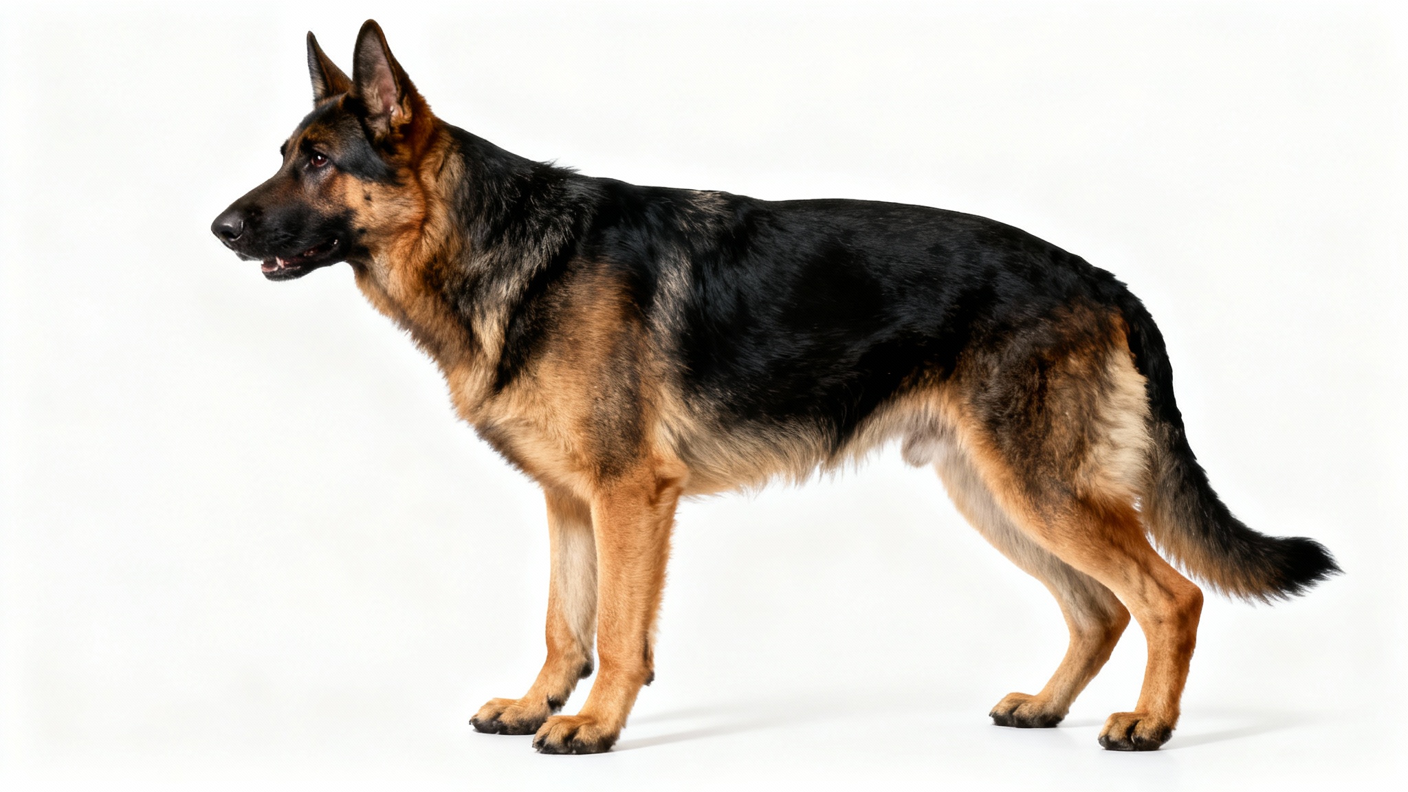 A high-quality, photorealistic cutout of a German Shepherd dog standing proudly on a clean white background.