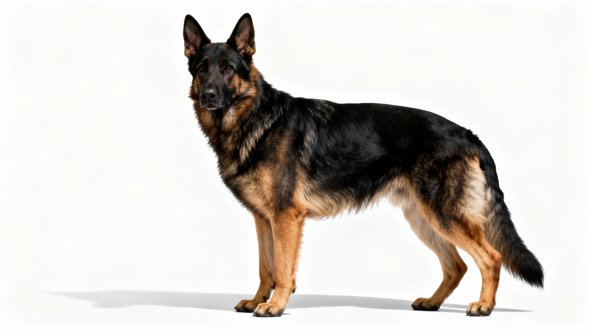 A photorealistic cutout of a German Shepherd dog with a classic black and tan coat, standing alert against a pure white background.