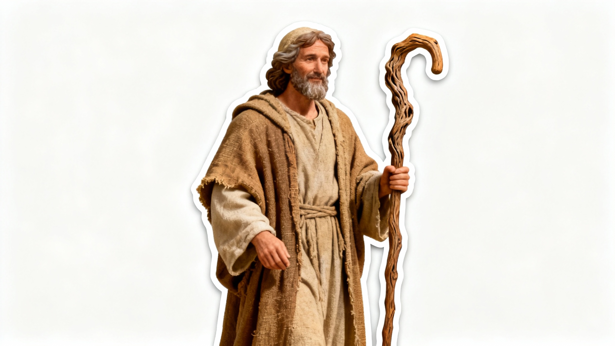 A high-detail cutout image of a shepherd in traditional robes holding a wooden staff, isolated on a plain white background.