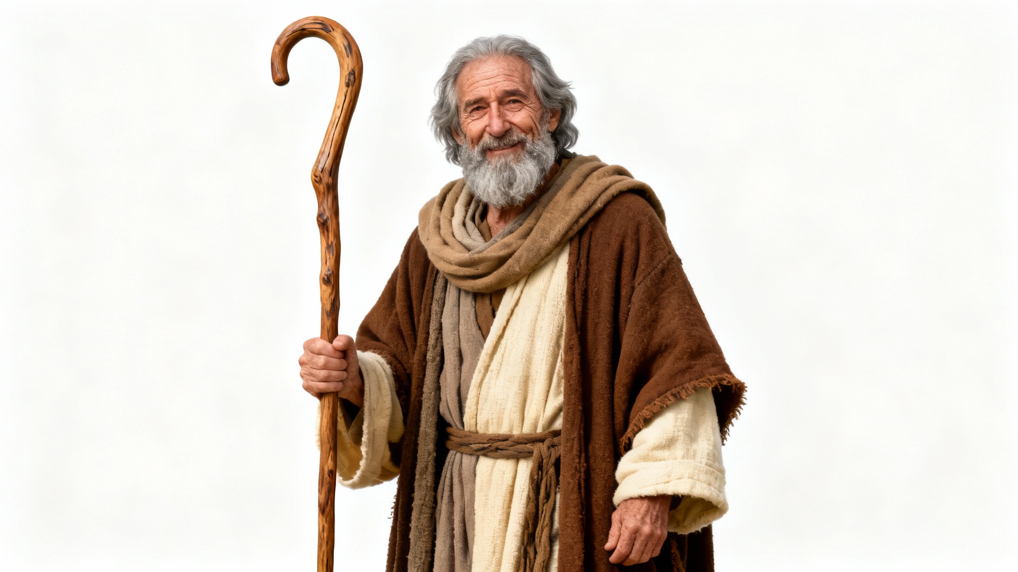 A full-body photorealistic image of an elderly shepherd with a beard, wearing traditional robes and holding a wooden crook, designed as a cutout on a plain white background.