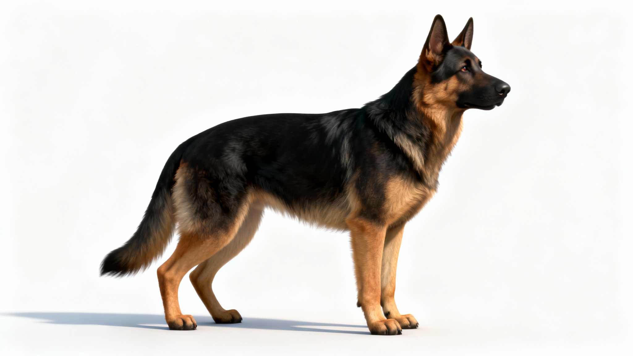 A photorealistic digital cutout of a German Shepherd dog in a standing pose, isolated against a plain white background, highlighting the clean, sharp edges of the cutout.