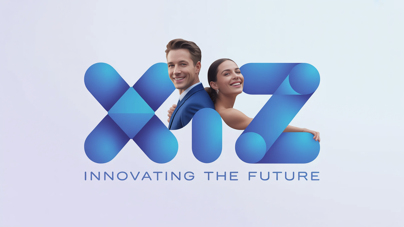 A man and woman in business attire smiling in front of a large step-and-repeat backdrop featuring a repeating 'XYZ Corporation' blue and white logo at a corporate event.