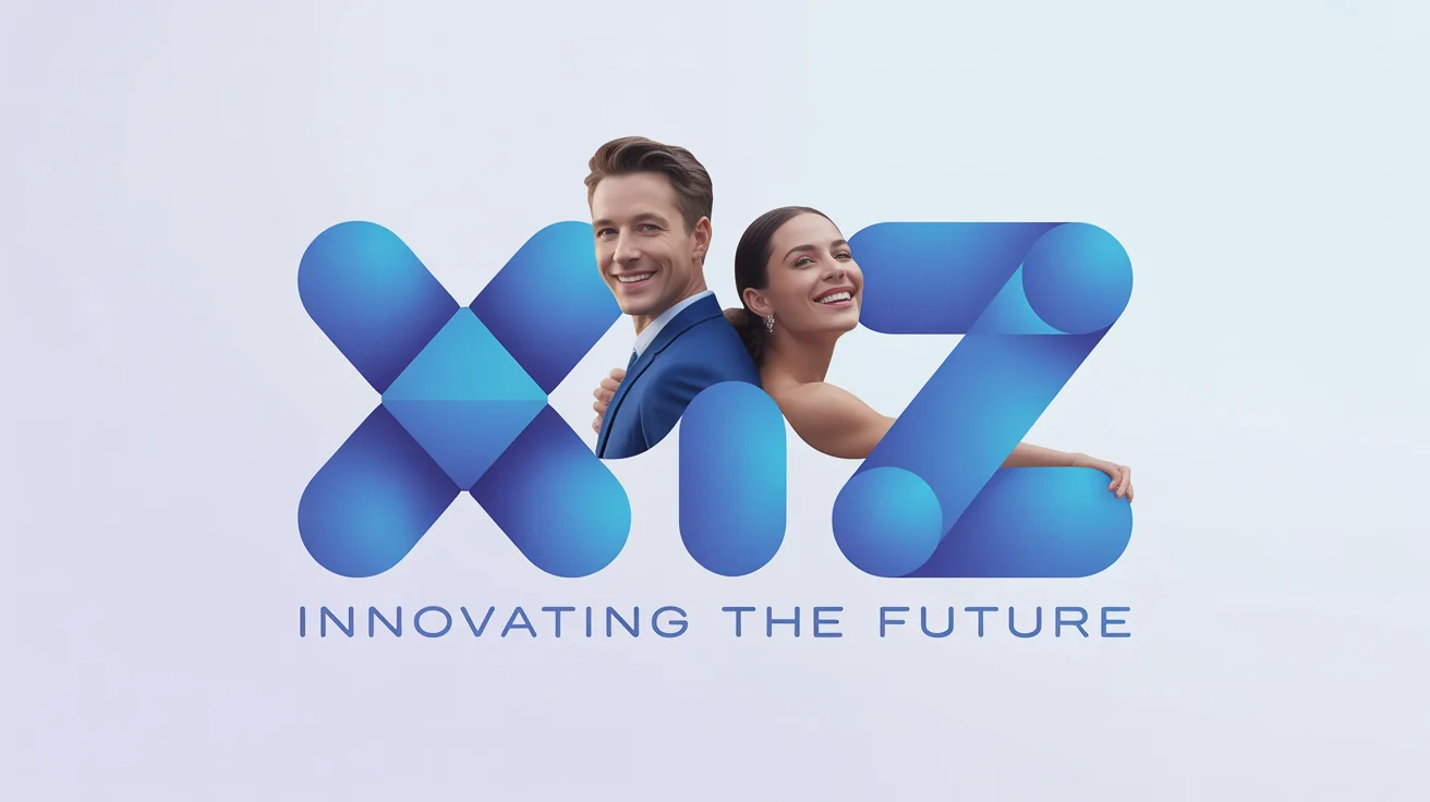 A man and woman in business attire smiling in front of a large step-and-repeat backdrop featuring a repeating 'XYZ Corporation' blue and white logo at a corporate event.
