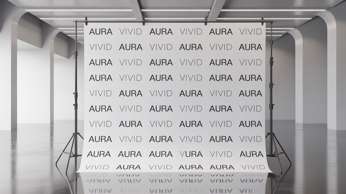 A photorealistic mockup of a large step and repeat event backdrop with a repeating pattern of the fictional brand names 'AURA' and 'VIVID', set against a plain white background.