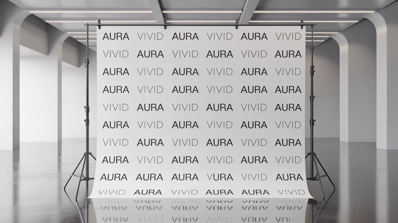 A photorealistic mockup of a large step and repeat event backdrop with a repeating pattern of the fictional brand names 'AURA' and 'VIVID', set against a plain white background.