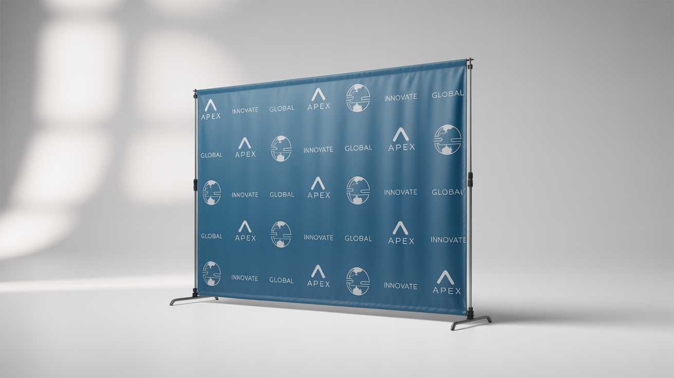 A professional, studio-shot mockup of a step and repeat event backdrop with fictional logos for 'Apex', 'Global', and 'Innovate' on a clean white background.