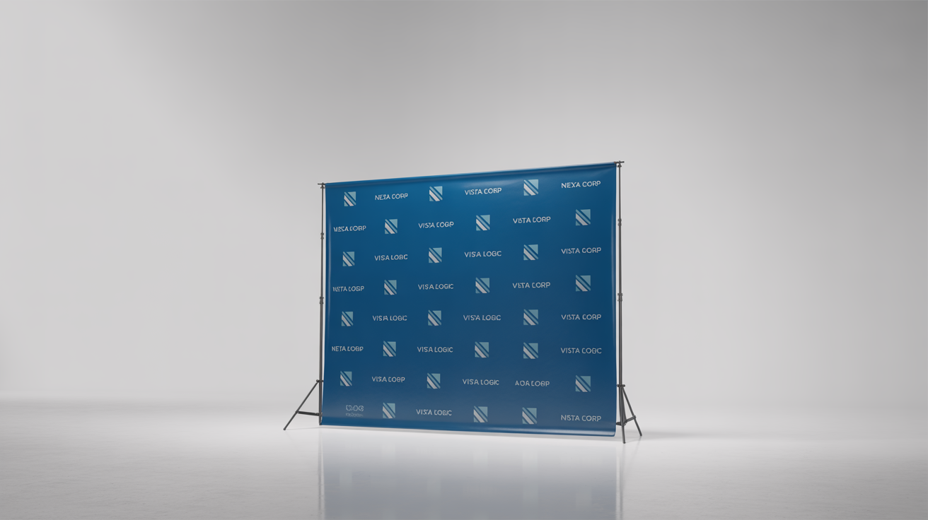 A professional step and repeat backdrop for events, featuring a repeating pattern of fictional company logos ('NEXA CORP', 'VISTA LOGIC', 'AURORA') on a white background, displayed on a stand in a studio setting.