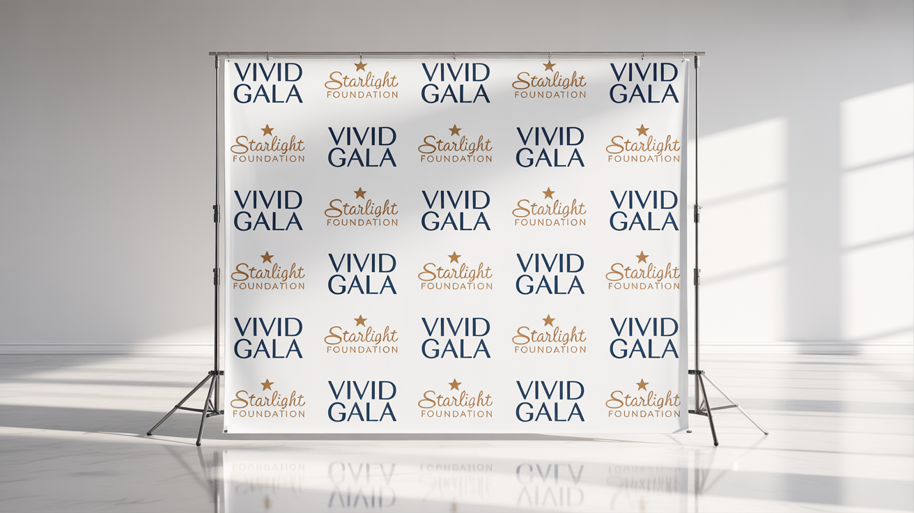 A photorealistic mockup of a step and repeat backdrop on a stand, set against a clean white background. The banner features a repeating pattern of fictional logos for 'VIVID GALA' and 'Starlight Foundation' in navy and gold.
