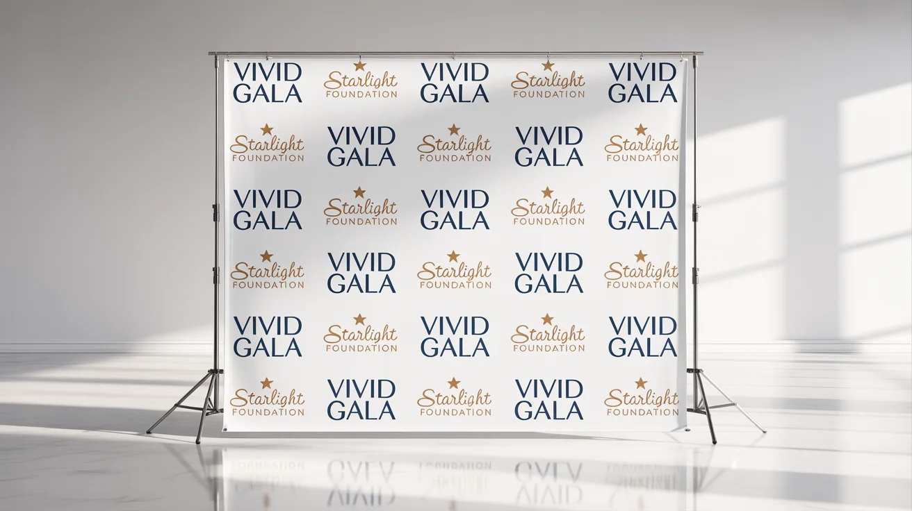A photorealistic mockup of a step and repeat backdrop on a stand, set against a clean white background. The banner features a repeating pattern of fictional logos for 'VIVID GALA' and 'Starlight Foundation' in navy and gold.