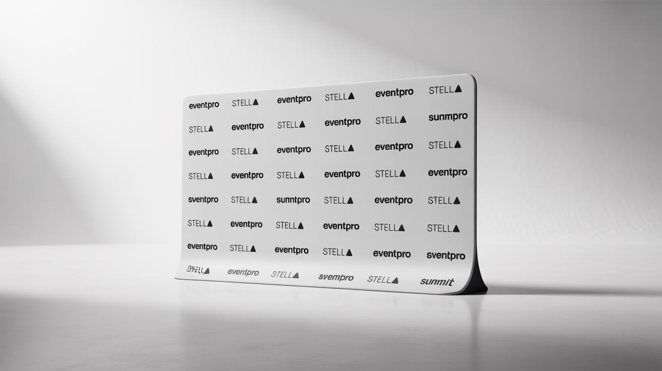 A professional mockup of a large step and repeat event backdrop featuring repeating fictional logos, set against a clean white studio background.