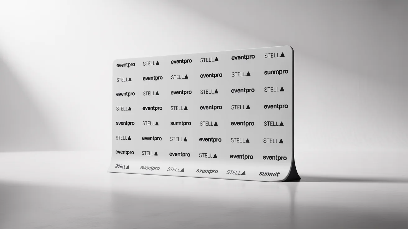 A professional mockup of a large step and repeat event backdrop featuring repeating fictional logos, set against a clean white studio background.