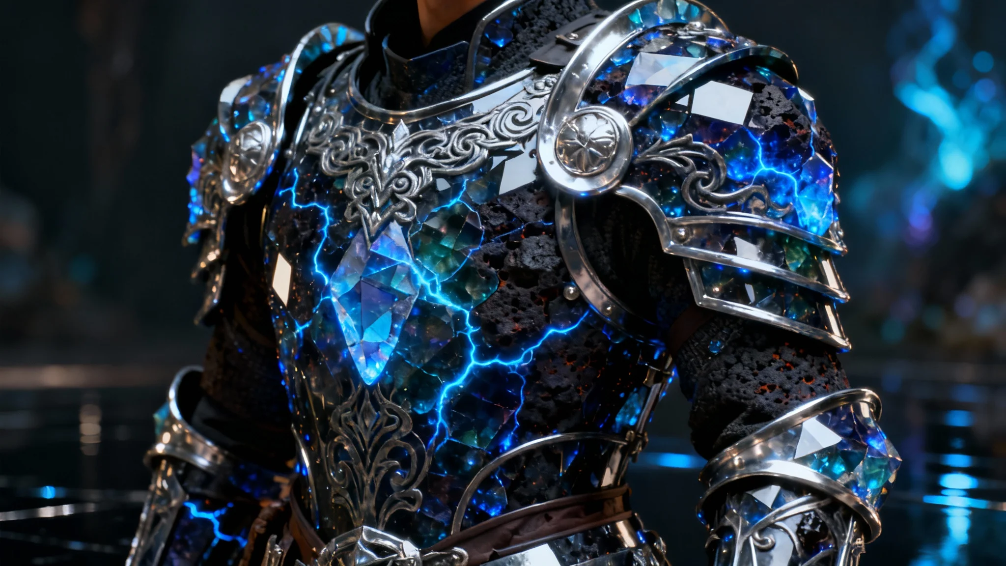 A close-up of fantasy armor transformed with a new texture, now appearing as if made from shimmering crystalline obsidian with glowing blue lines of energy, set against a dark, moody background.