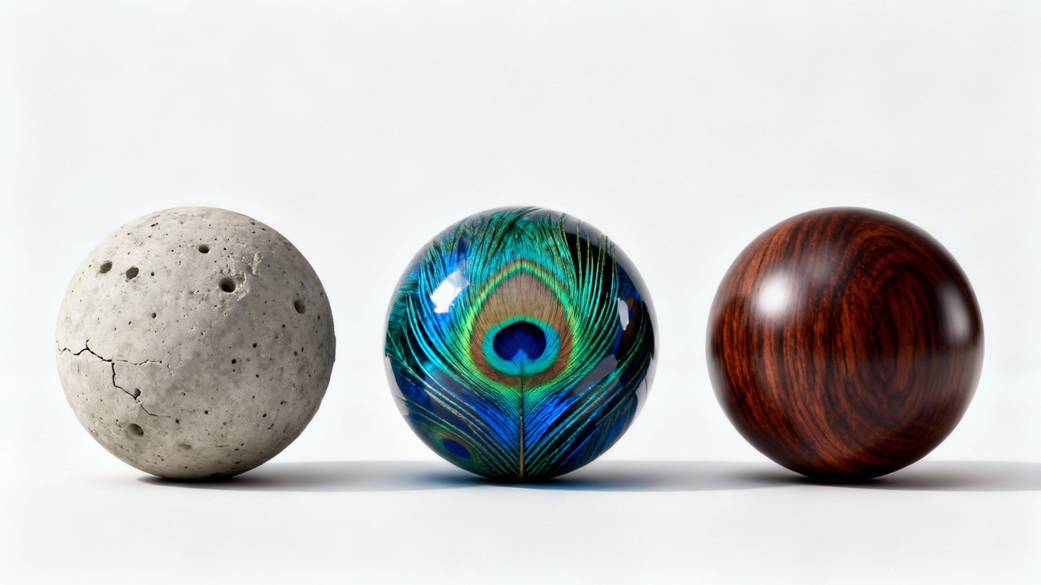 A mockup of three spheres on a white background, each showcasing a different texture: rough concrete, iridescent peacock feathers, and polished mahogany wood, demonstrating texture generation.