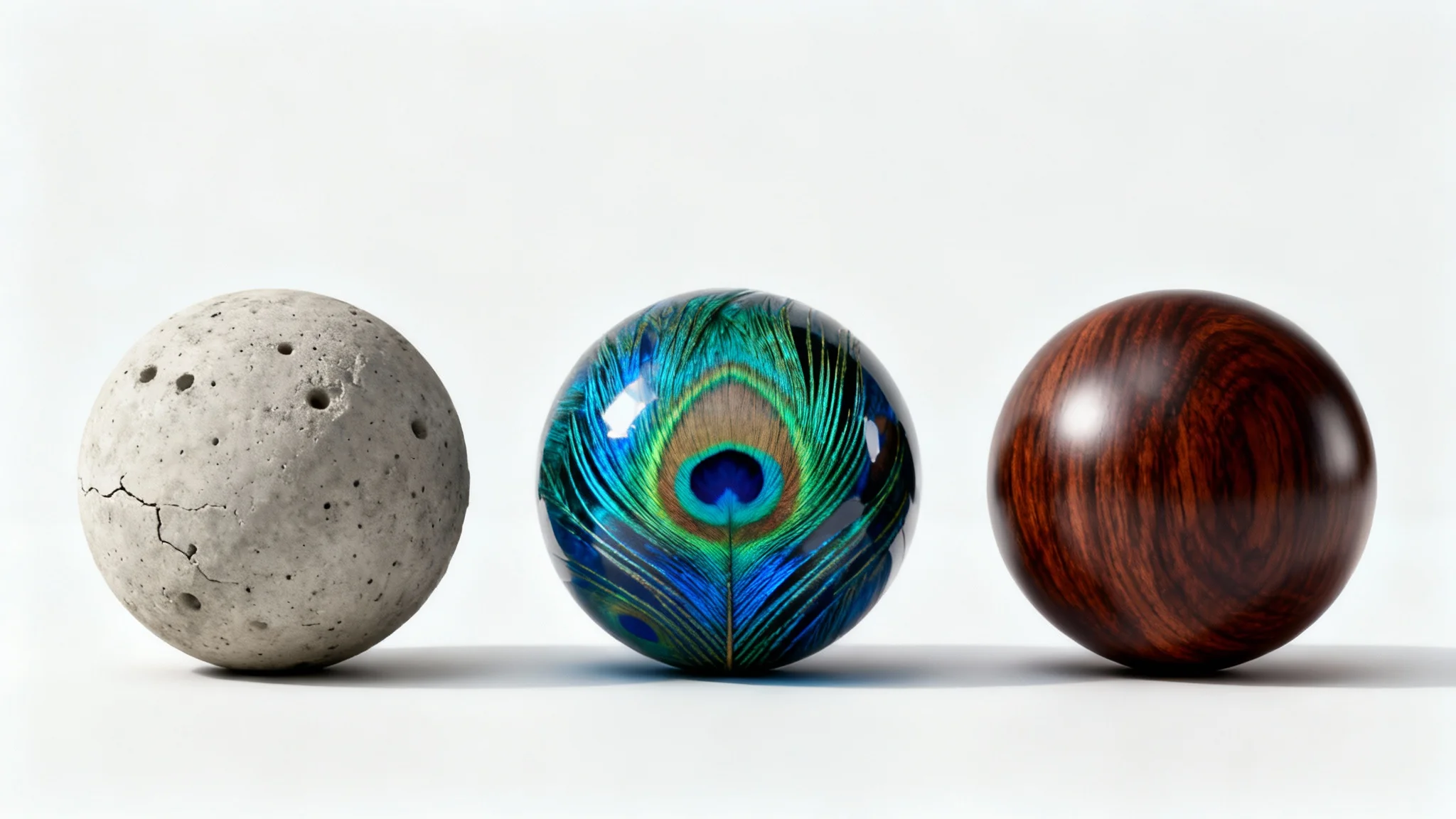 A mockup of three spheres on a white background, each showcasing a different texture: rough concrete, iridescent peacock feathers, and polished mahogany wood, demonstrating texture generation.