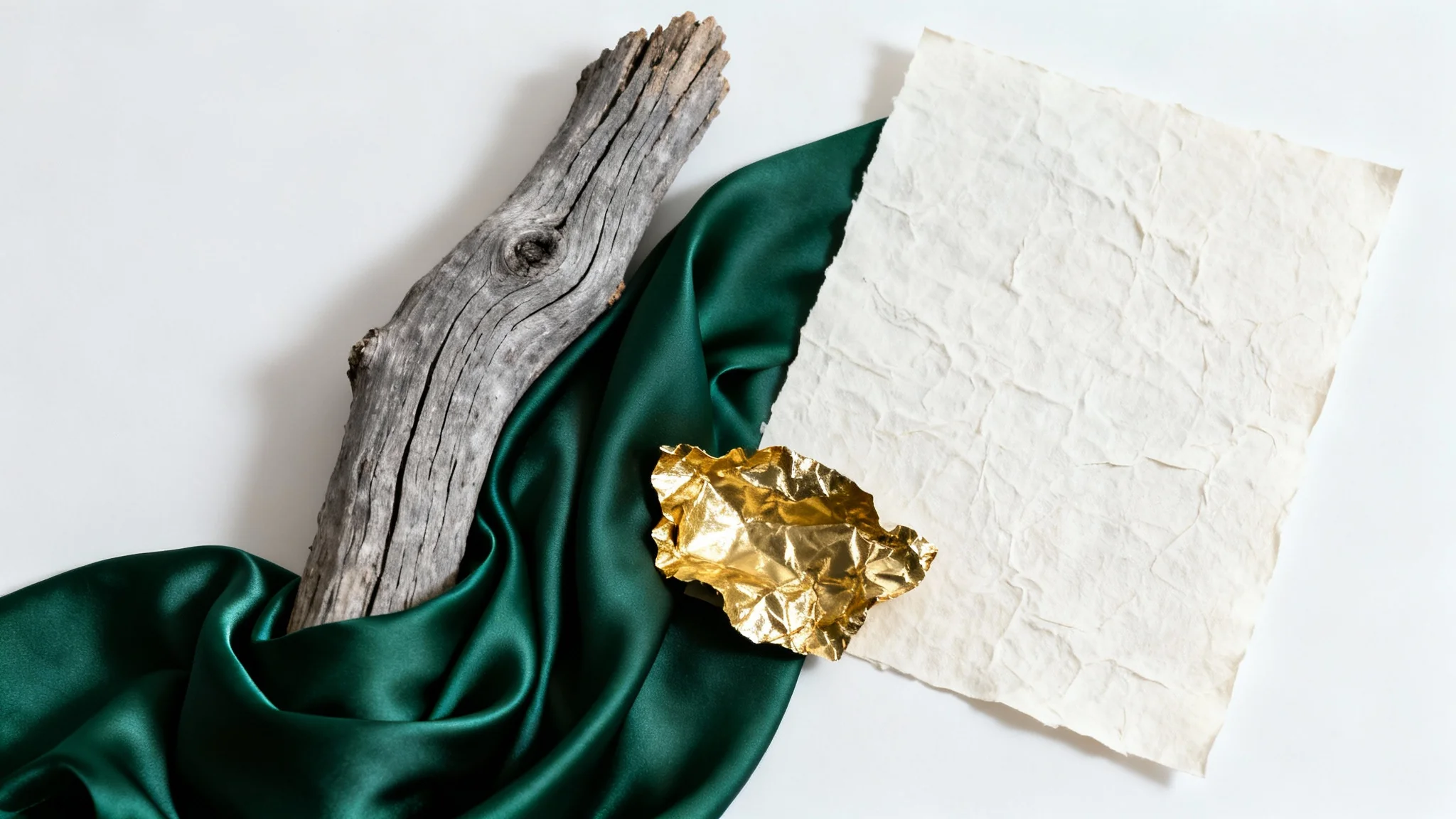 A minimalist flat lay on a white background displaying various textures, including a piece of grey driftwood, a folded swatch of emerald silk, crinkled gold foil, and textured handmade paper, all arranged to highlight their tactile qualities.