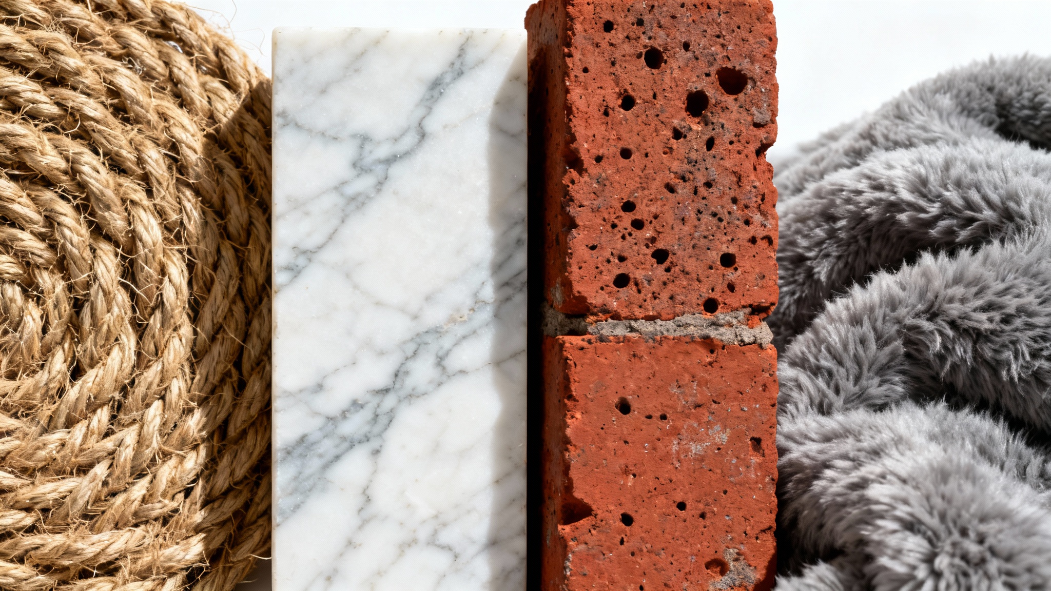 A detailed macro shot displaying a side-by-side comparison of four different textures: coarse rope, smooth white marble, rough red brick, and soft grey wool, all on a clean white background.