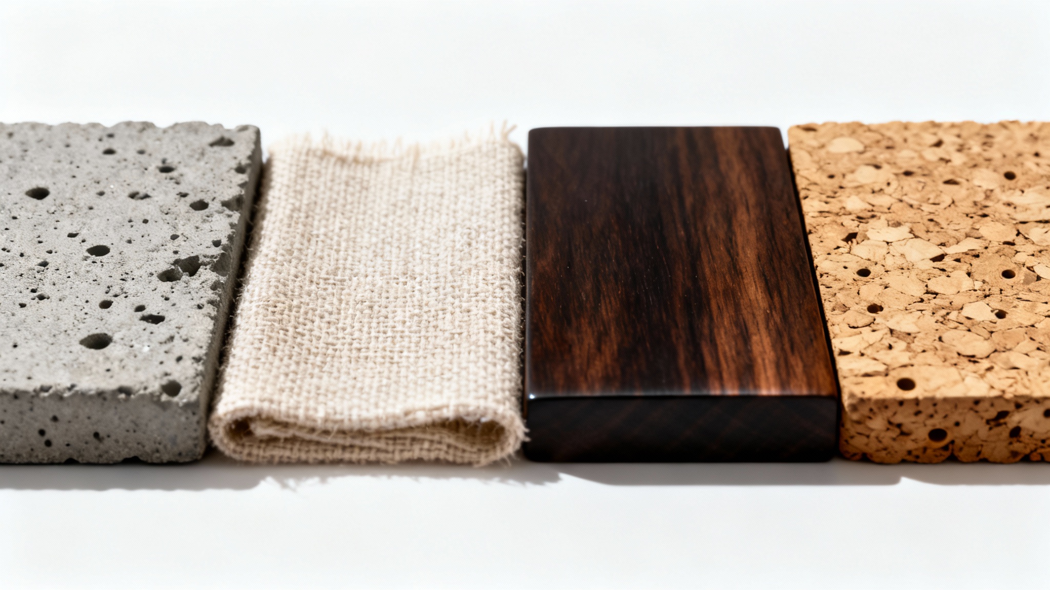 A hyper-realistic image displaying four vertical strips of different textures side-by-side on a white background: rough gray concrete, woven natural linen, polished dark wood, and bumpy cork.