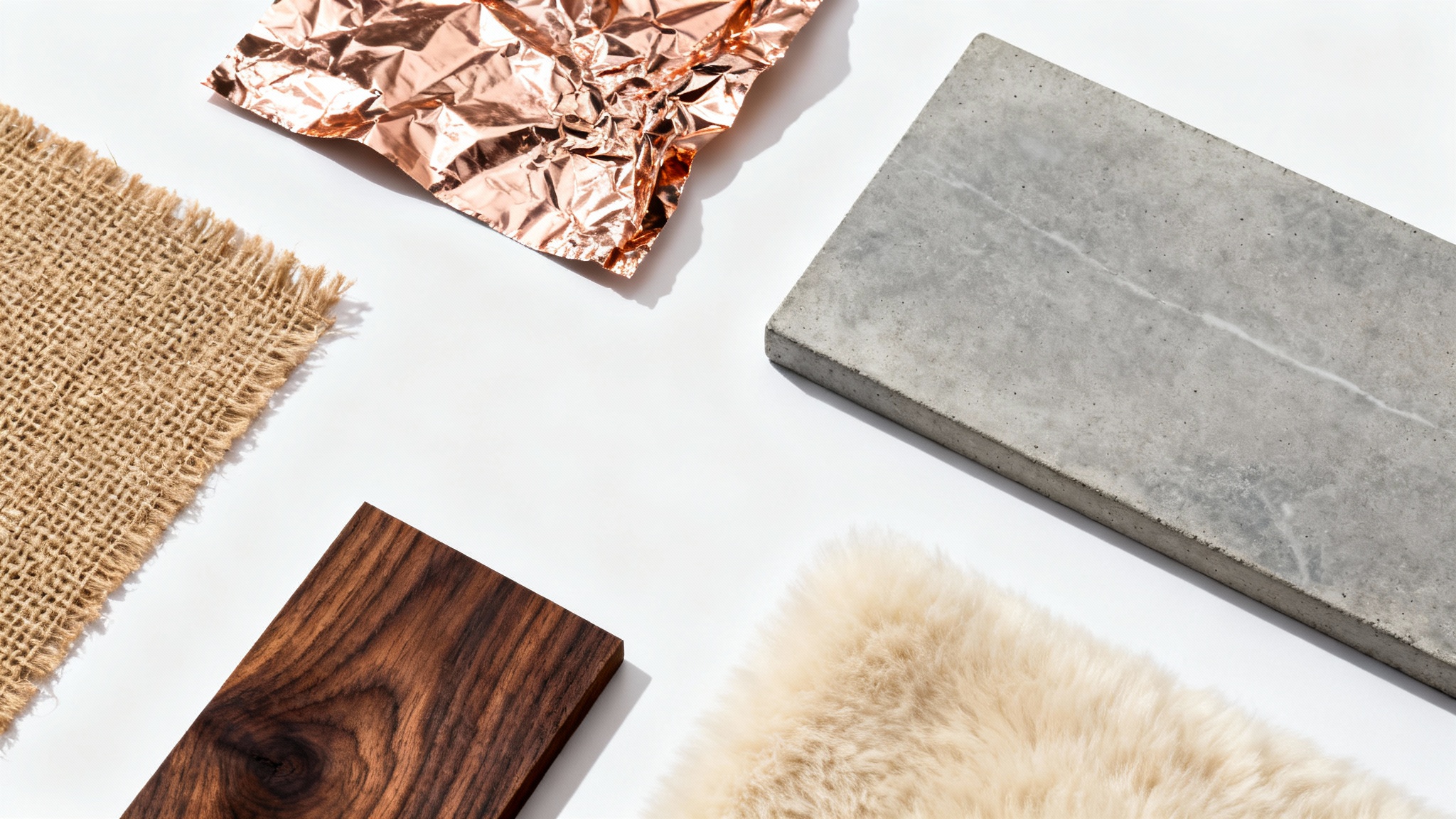 A flat lay photograph showcasing a diverse collection of textures, including wood, concrete, burlap, wool, and rose gold foil, arranged neatly on a white background.