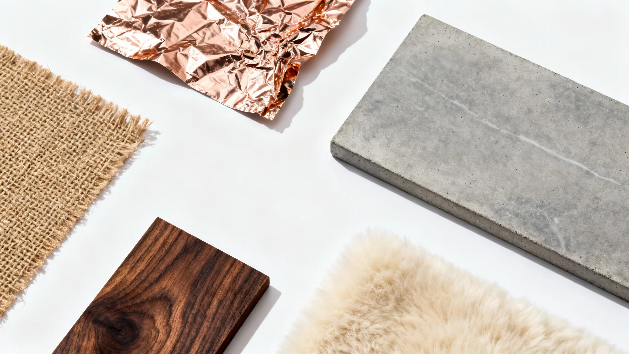 A flat lay photograph showcasing a diverse collection of textures, including wood, concrete, burlap, wool, and rose gold foil, arranged neatly on a white background.