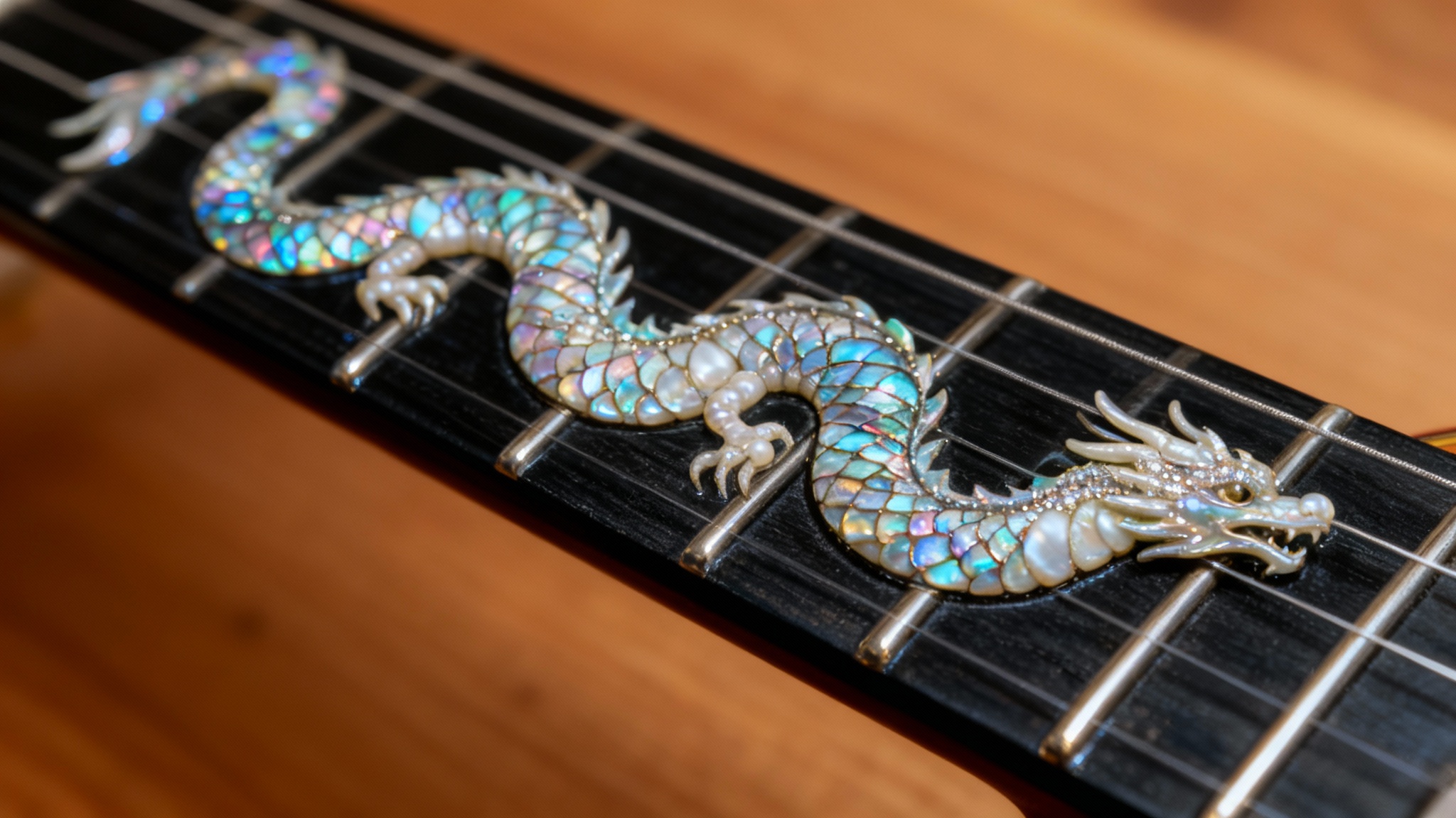 A luxurious close-up of a custom guitar fretboard inlay showing an intricate dragon design made of shimmering abalone, set into dark ebony wood.