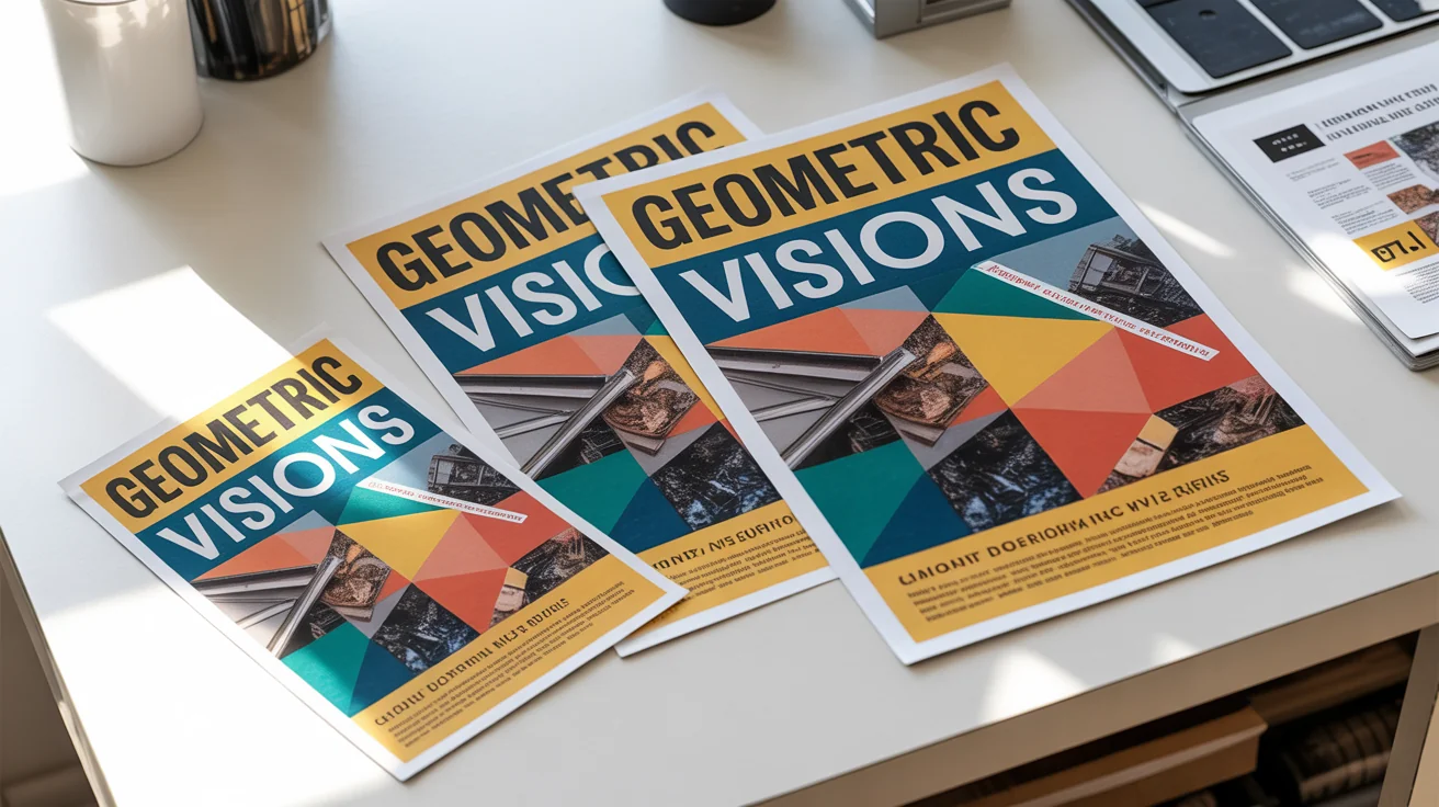 A flat lay of three posters with the same modern art design, shown in large, medium, and small sizes on a white background, representing a poster resizing tool's final output.