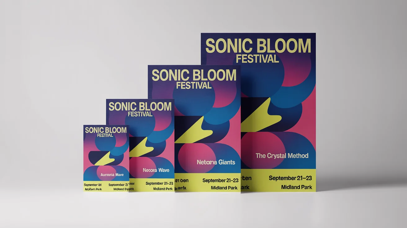 A mockup showing the same vibrant music festival poster design in four different sizes, from small to large, demonstrating the concept of resizing a poster.