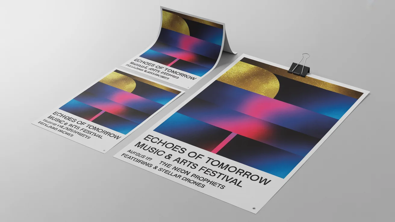 Three posters for the 'Echoes of Tomorrow' music festival, all with the same design but in different sizes (large, medium, small) to illustrate resizing.