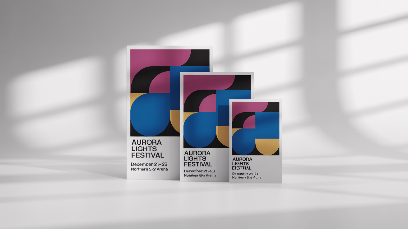 A mockup showing three posters for the 'Aurora Lights Festival' arranged from large to small on a white background, demonstrating the concept of resizing.