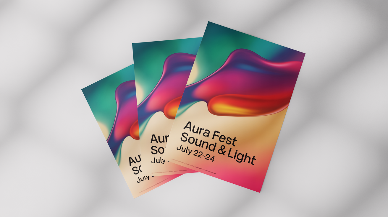 Three posters for the 'AURA FEST' music festival, shown in small, medium, and large sizes, arranged against a white background to illustrate a resizing feature.