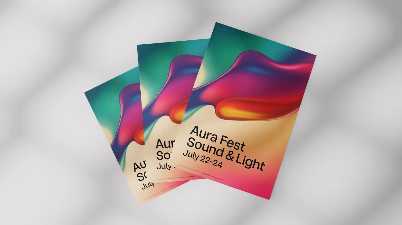 Three posters for the 'AURA FEST' music festival, shown in small, medium, and large sizes, arranged against a white background to illustrate a resizing feature.