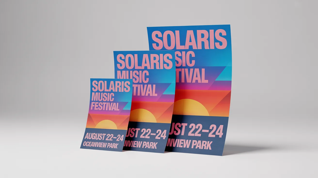 A mockup of three posters for the 'Solaris Music Festival' in small, medium, and large sizes, demonstrating the ability to resize a design.