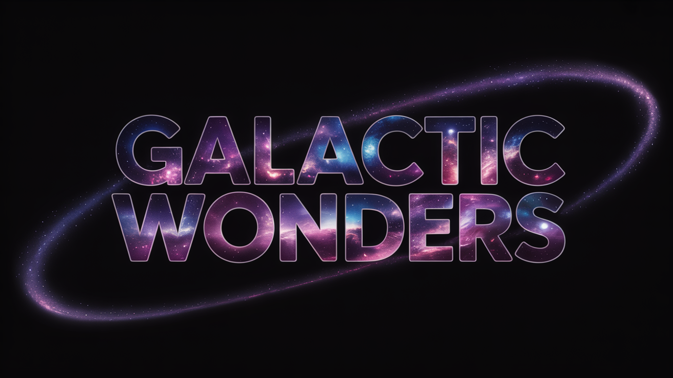 A hero image displaying the words 'GALACTIC WONDERS' in a bold font. The text is filled with a vibrant galaxy pattern of purple, blue, and pink, creating a cosmic effect, set against a dark, clean background.